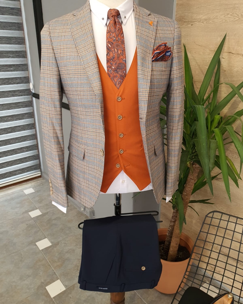 Orange Slim Fit Plaid Suit by GentWith.com with Free Worldwide Shipping