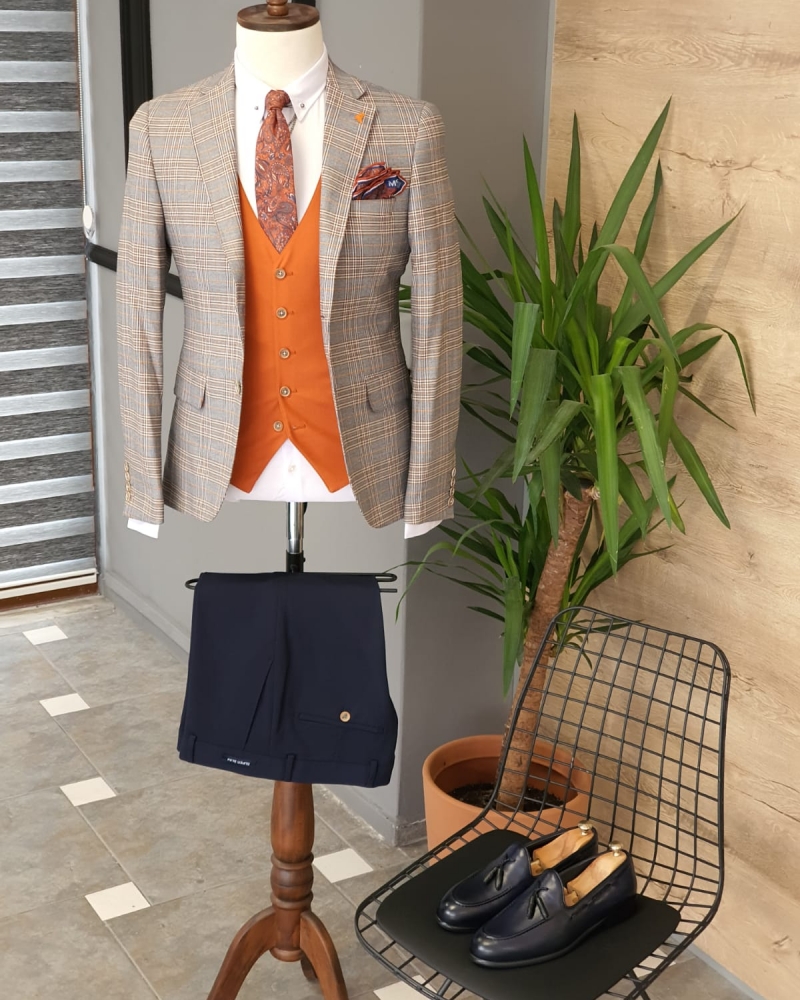 Orange Slim Fit Plaid Suit by GentWith.com with Free Worldwide Shipping