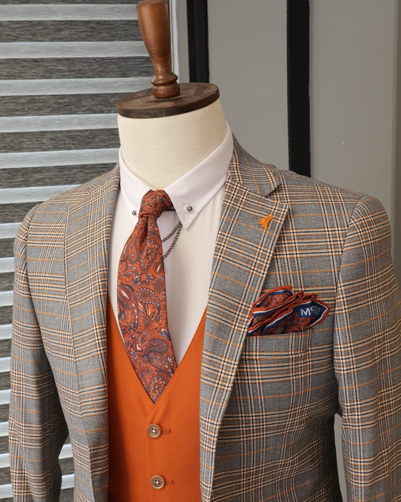 Orange Slim Fit Plaid Suit by GentWith.com with Free Worldwide Shipping