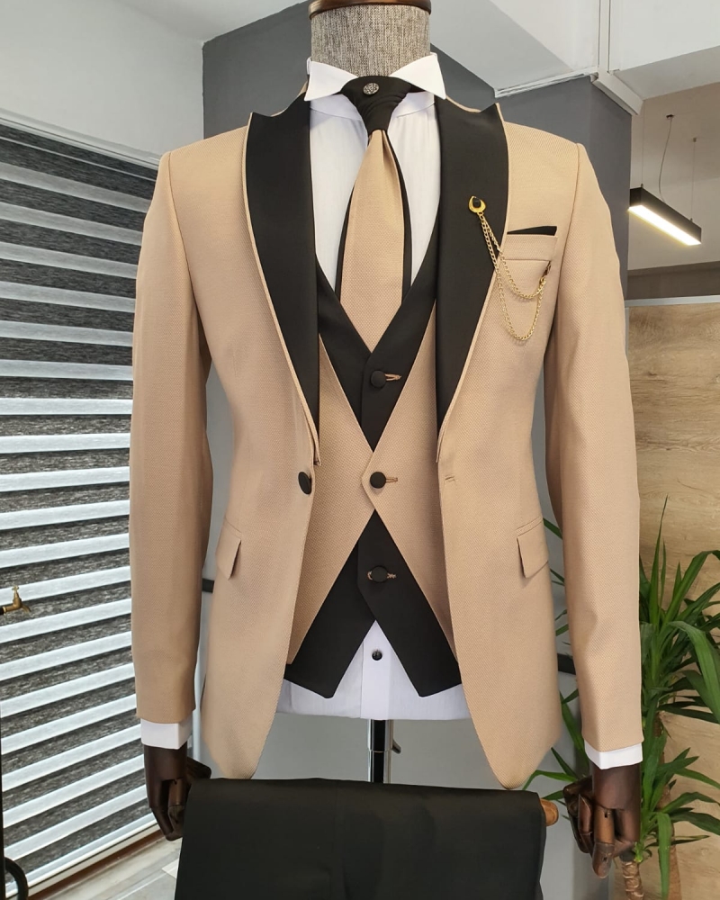 Beige Slim Fit Peak Lapel Wedding Suit by GentWith.com with Free Worldwide Shipping