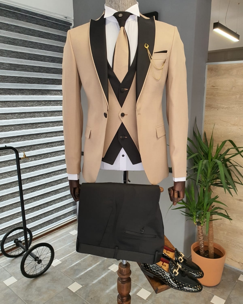 Beige Slim Fit Peak Lapel Wedding Suit by GentWith.com with Free Worldwide Shipping