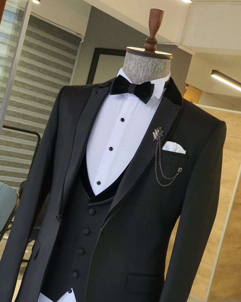 Black Slim Fit Notch Lapel Tuxedo by GentWith.com with Free Worldwide Shipping