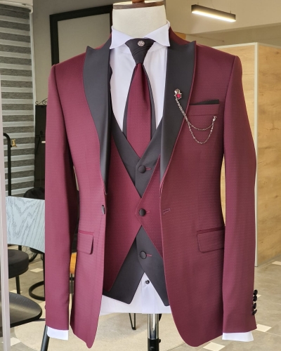 Claret Red Slim Fit Peak Lapel Wedding Suit by GentWith.com with Free Worldwide Shipping