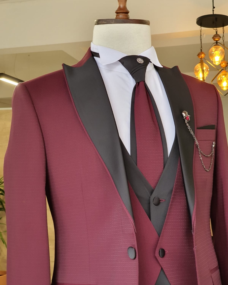 Claret Red Slim Fit Peak Lapel Wedding Suit by GentWith.com with Free Worldwide Shipping