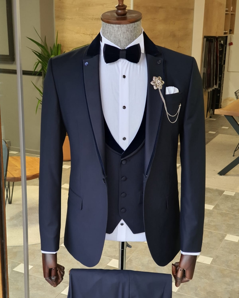 Navy Blue Slim Fit Notch Lapel Tuxedo by GentWith.com with Free Worldwide Shipping