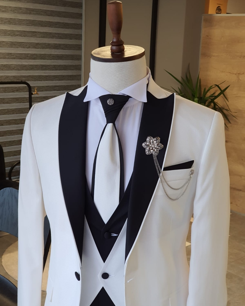 White Slim Fit Peak Lapel Tuxedo by GentWith.com with Free Worldwide Shipping