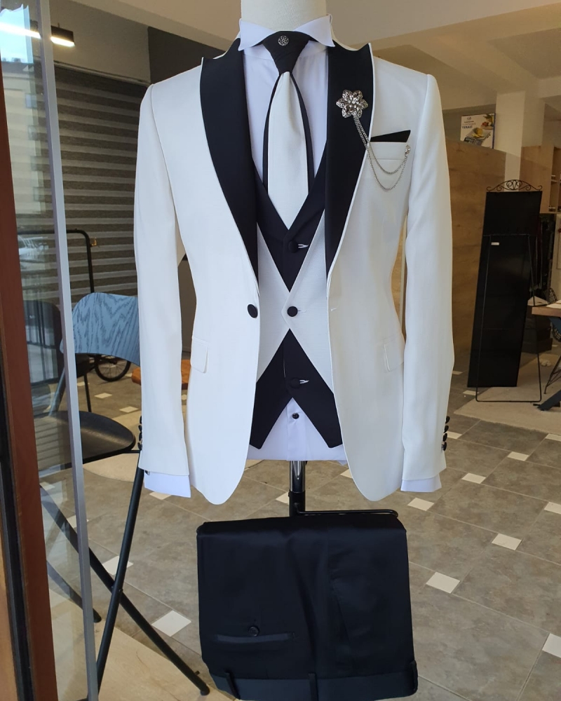 White Slim Fit Peak Lapel Tuxedo by GentWith.com with Free Worldwide Shipping