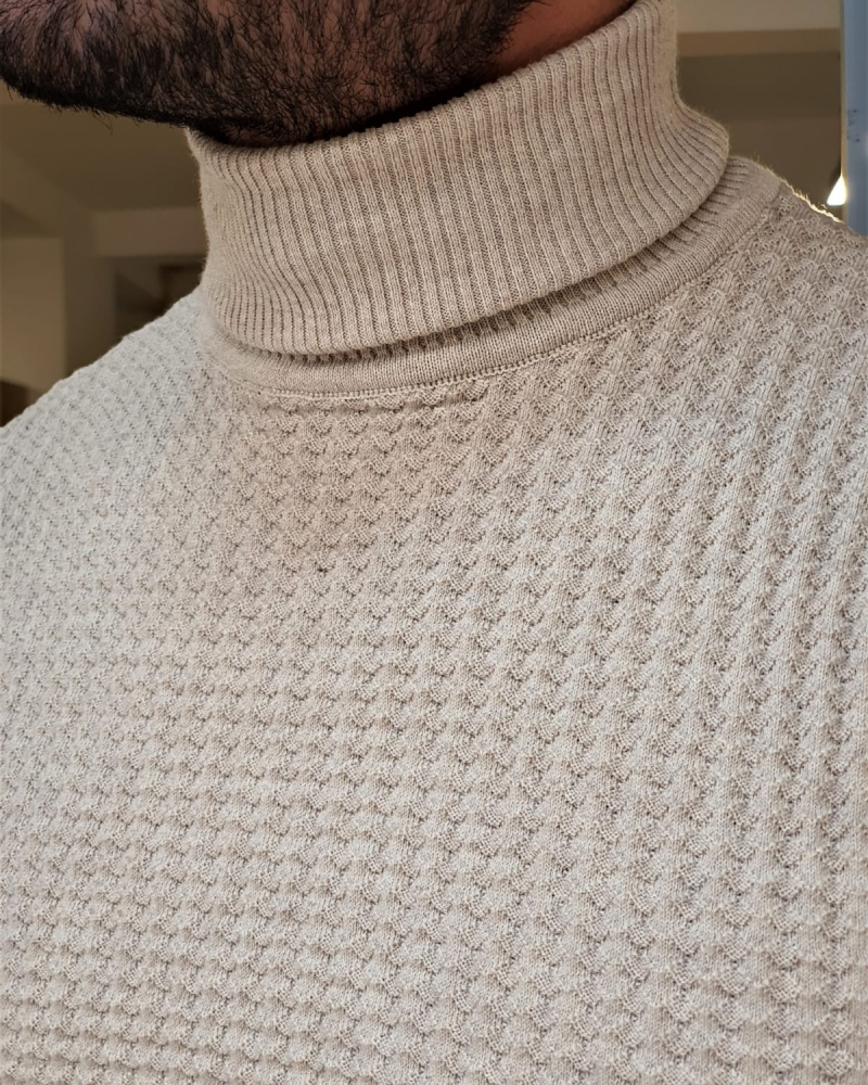 Beige Slim Fit Turtleneck Knitted Sweater by GentWith.com with Free Worldwide Shipping