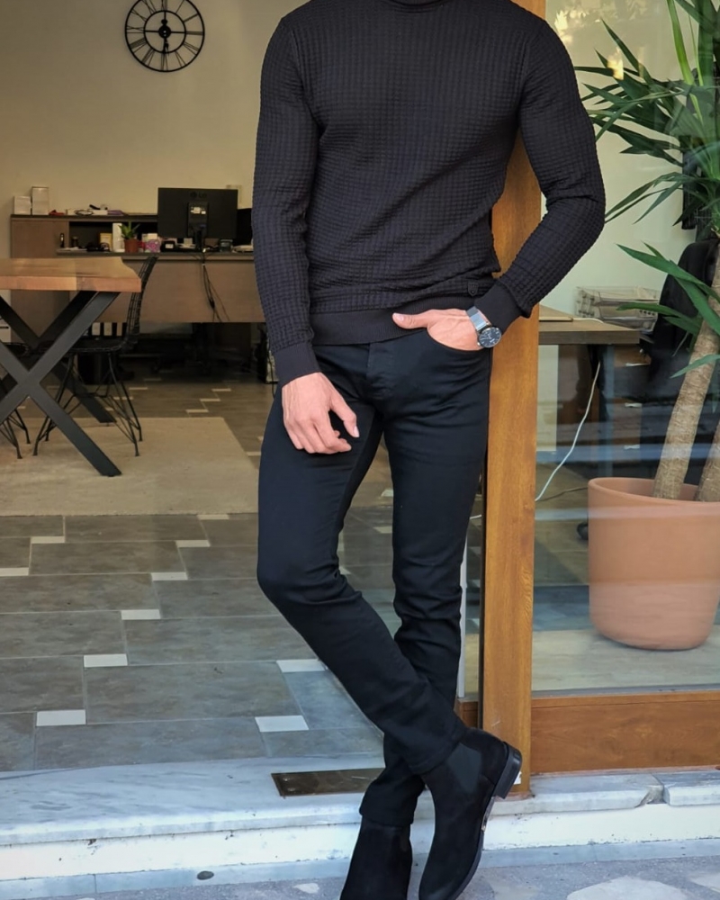 Black Slim Fit Turtleneck Knitted Sweater by GentWith.com with Free Worldwide Shipping