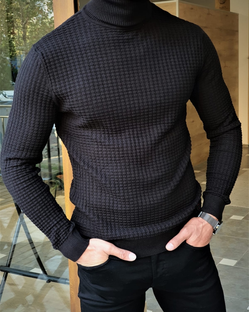Black Slim Fit Turtleneck Knitted Sweater by GentWith.com with Free Worldwide Shipping