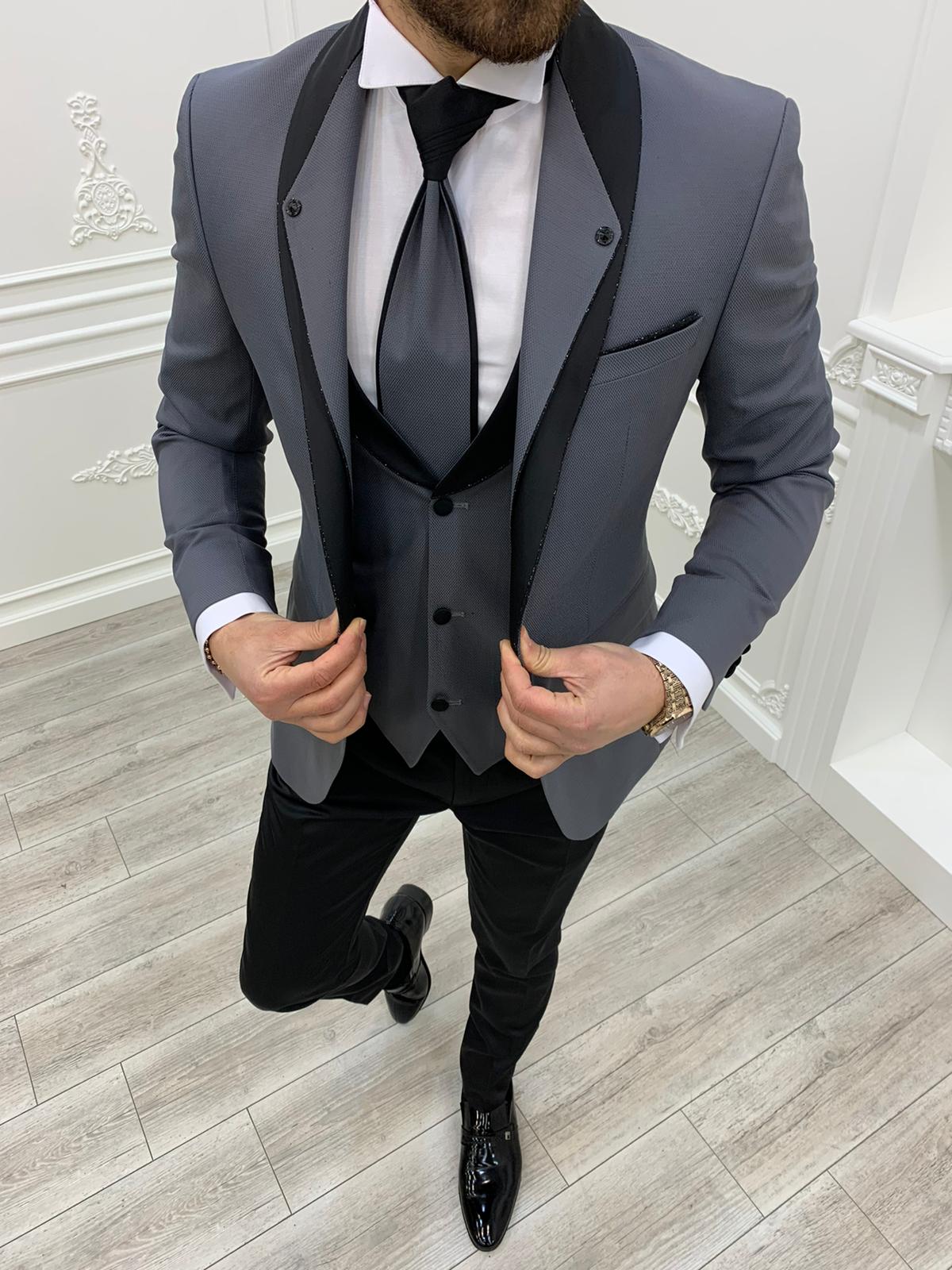 Buy Gray Slim Fit Shawl Lapel Groom Suit By