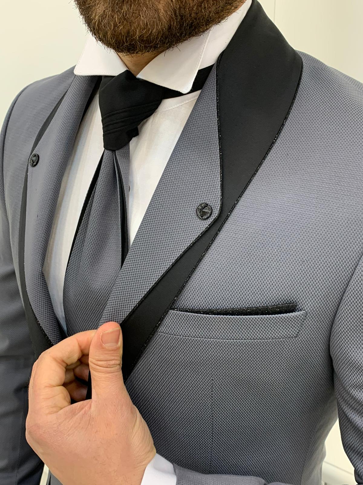 Gray Slim Fit Groom Wool Suit for men by BespokeDailyShop