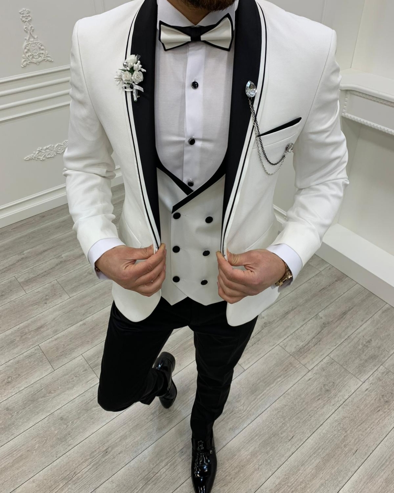 White Slim Fit Shawl Lapel Tuxedo by GentWith.com with Free Worldwide Shipping