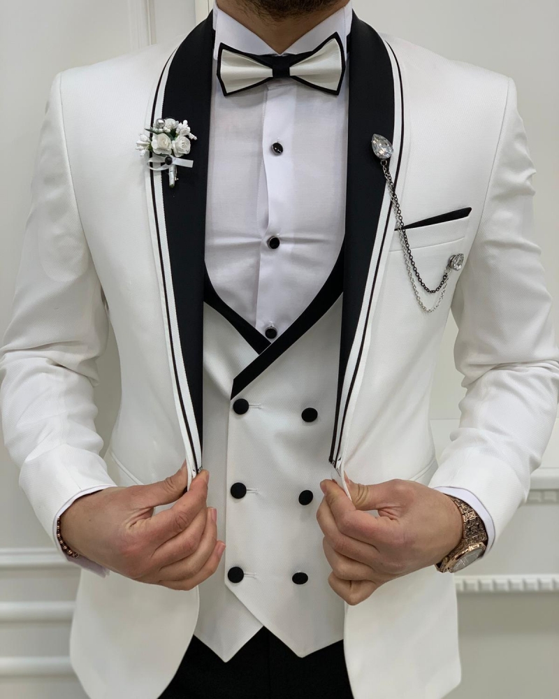 White Slim Fit Shawl Lapel Tuxedo by GentWith.com with Free Worldwide Shipping