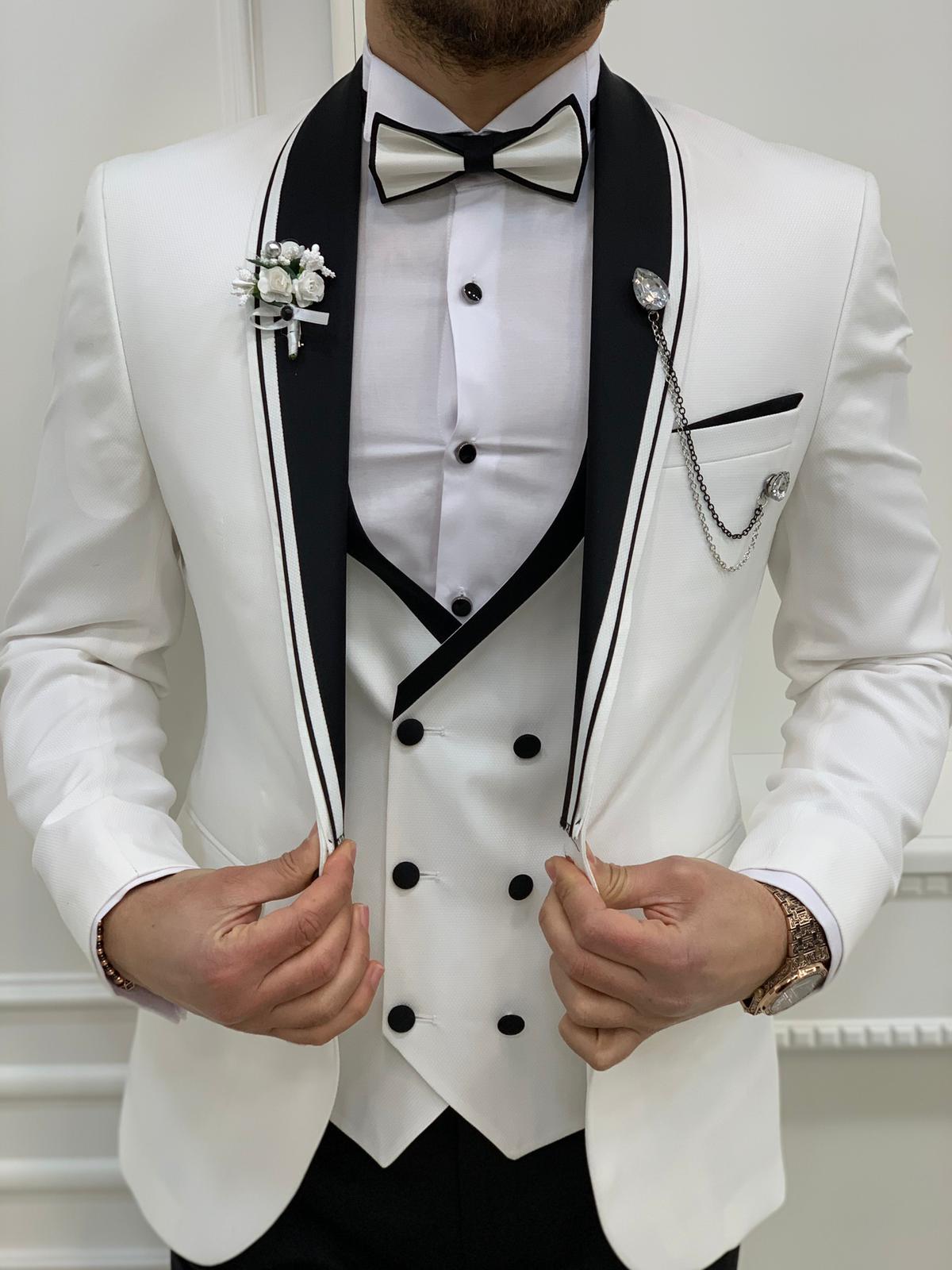 Buy White Slim Fit Shawl Lapel Tuxedo by GentWith | Worldwide Shipping
