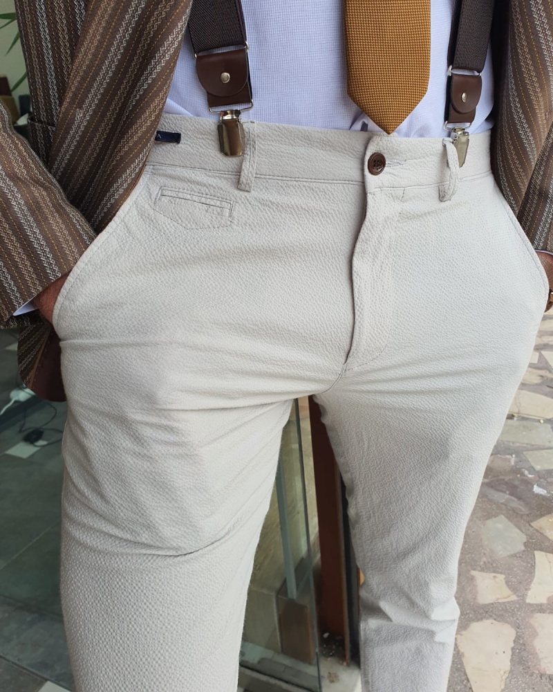 Beige Slim Fit Cotton Pants by GentWith.com with Free Worldwide Shipping