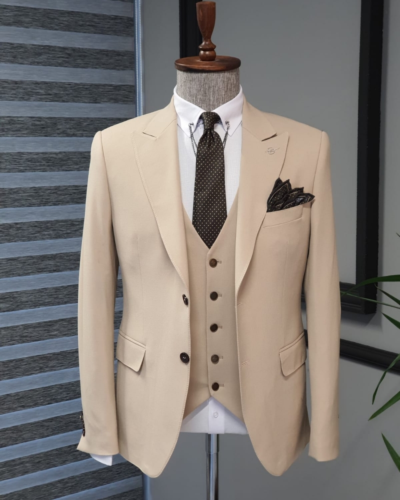 Beige Slim Fit Cotton Suit by GentWith.com with Free Worldwide Shipping