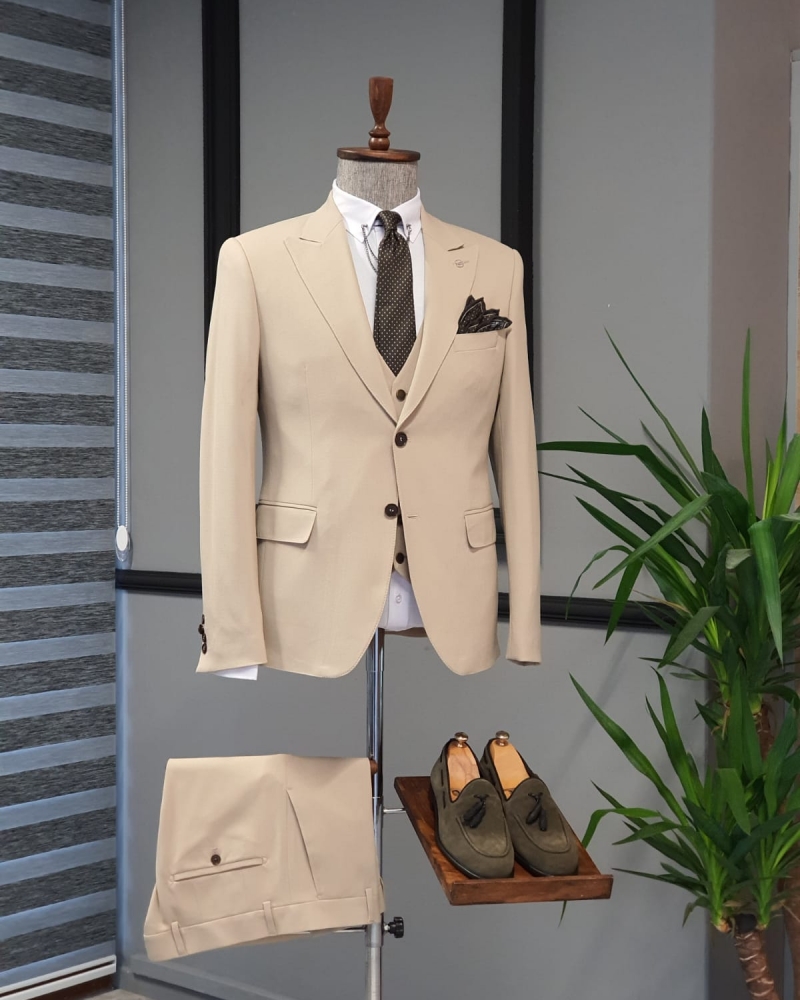 Beige Slim Fit Cotton Suit by GentWith.com with Free Worldwide Shipping