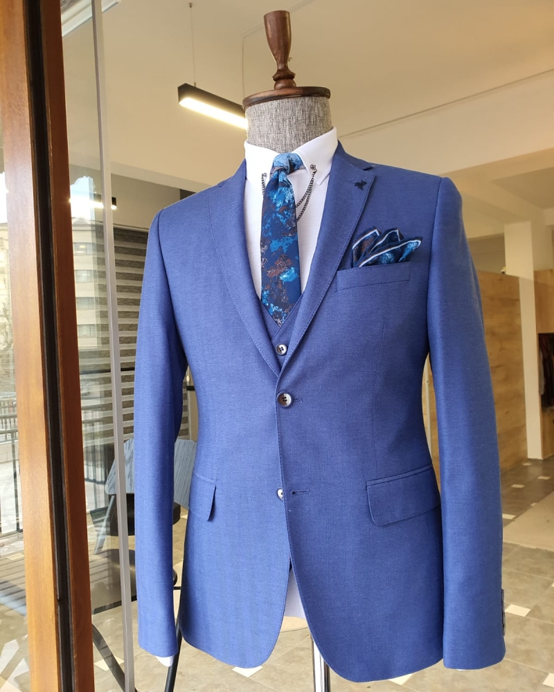 Blue Slim Fit Cotton Suit by GentWith.com with Free Worldwide Shipping