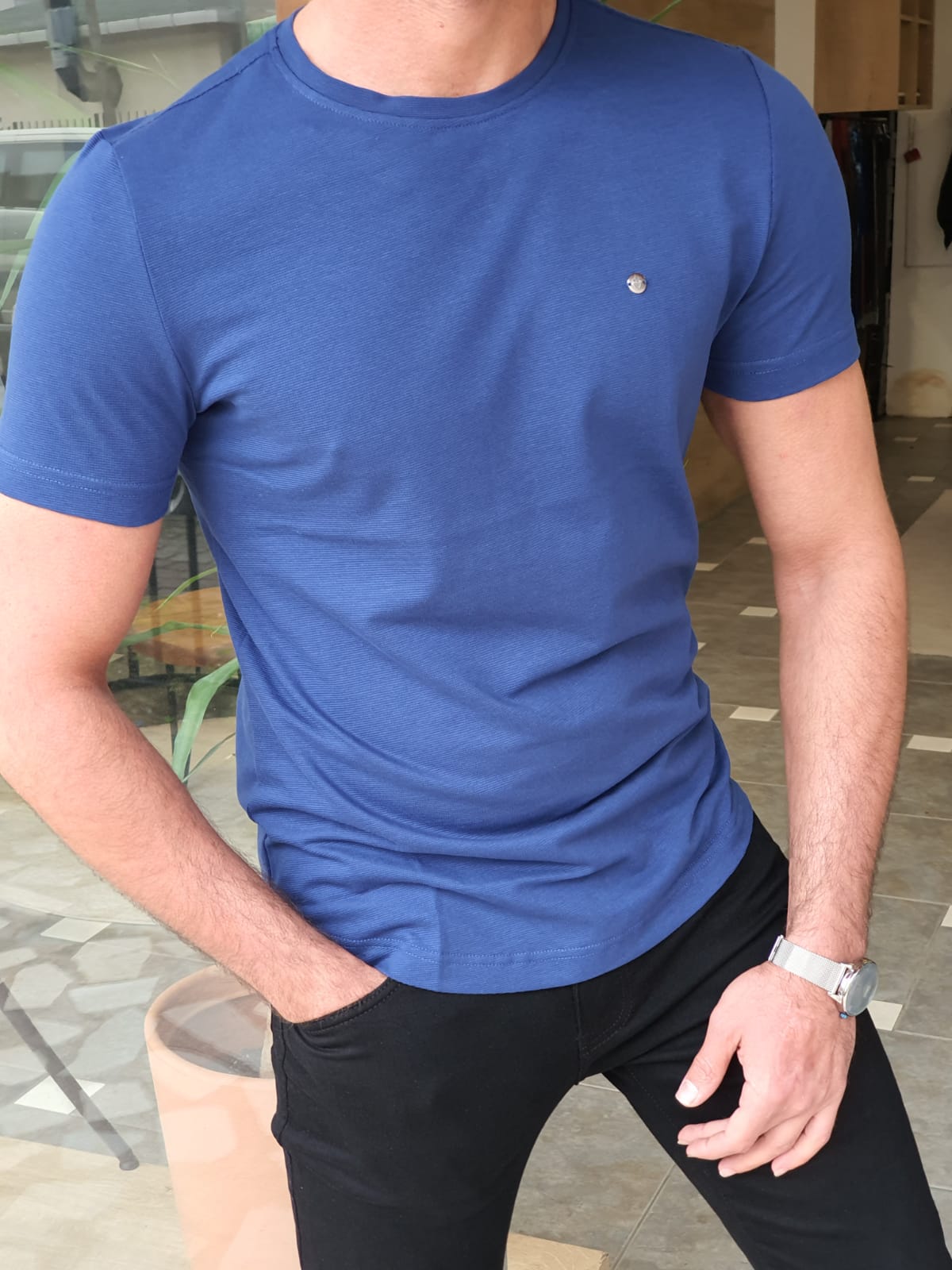 Buy Blue Slim Fit Round Neck T-Shirt by | Worldwide Shipping