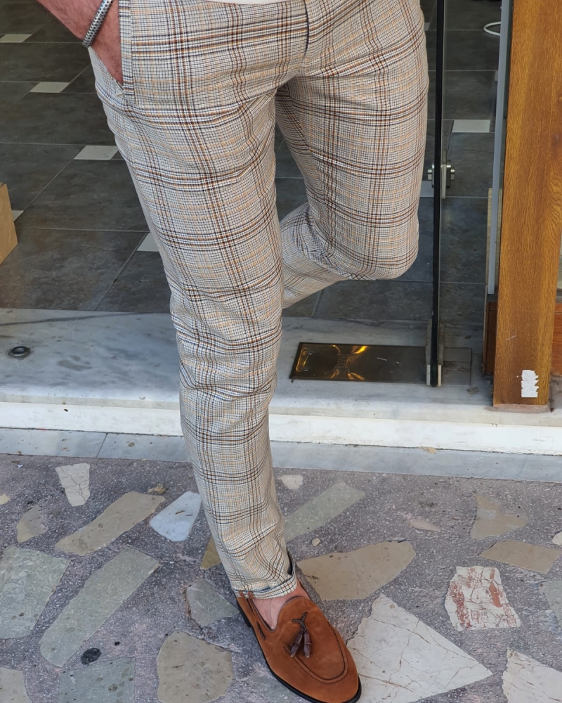 Buy Brown Slim Fit Plaid Pants by GentWith.com | Worldwide Shipping