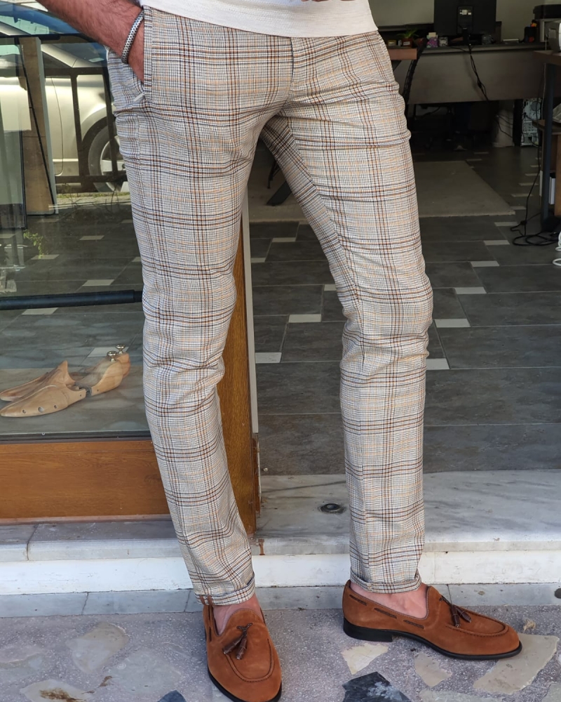 Brown Slim Fit Plaid Pants by GentWith.com with Free Worldwide Shipping
