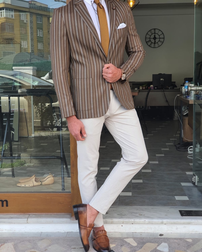 Brown Slim Fit Striped Blazer by GentWith.com with Free Worldwide Shipping