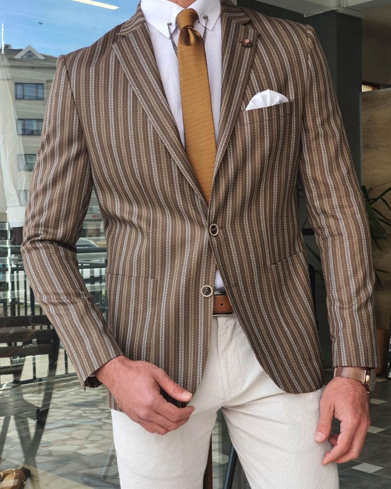 Brown Slim Fit Striped Blazer by GentWith.com with Free Worldwide Shipping