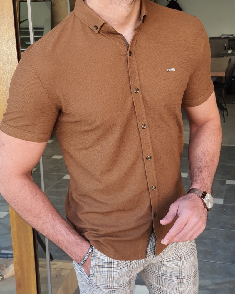 Camel Slim Fit Short Sleeve Shirt by GentWith.com with Free Worldwide Shipping