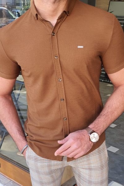 Camel Slim Fit Short Sleeve Shirt by GentWith.com with Free Worldwide Shipping