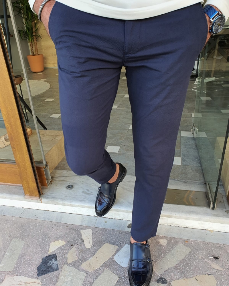 Navy Blue Slim Fit Cotton Pants by GentWith.com with Free Worldwide Shipping