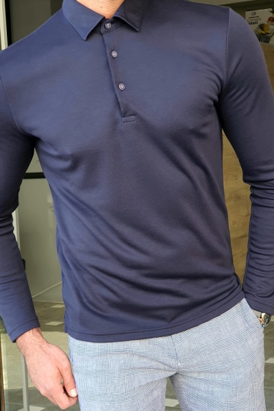 Navy Blue Slim Fit Long Sleeve Polo Shirt by GentWith.com with Free Worldwide Shipping