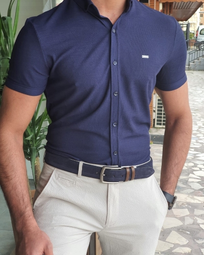 Navy Blue Slim Fit Short Sleeve Shirt by GentWith.com with Free Worldwide Shipping