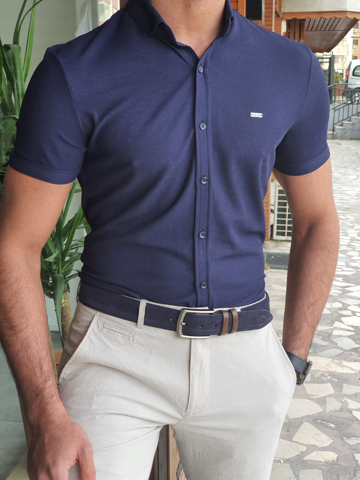 Buy Navy Blue Slim Fit Short Sleeve Shirt by GentWith.com