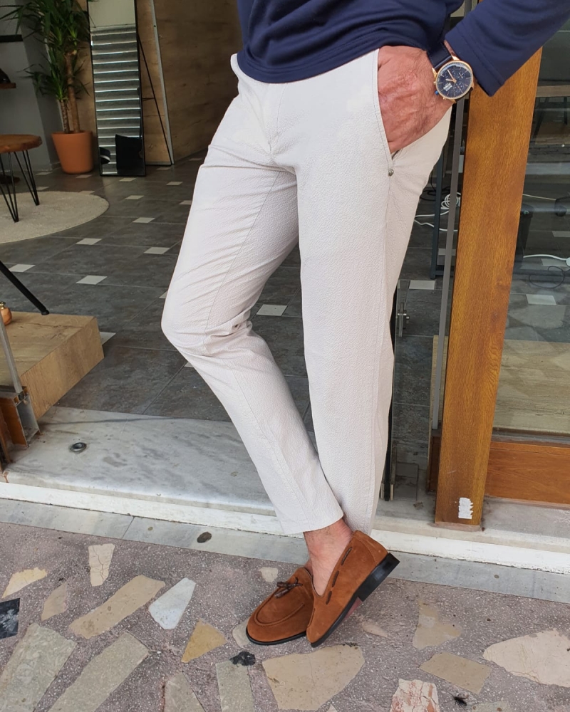 White Slim Fit Cotton Pants by GentWith.com with Free Worldwide Shipping