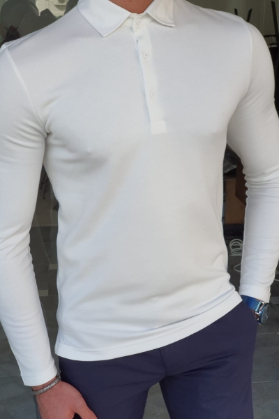 White Slim Fit Long Sleeve Polo Shirt by GentWith.com with Free Worldwide Shipping