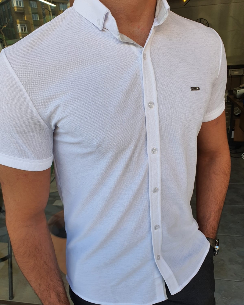 White Slim Fit Short Sleeve Shirt by GentWith.com with Free Worldwide Shipping