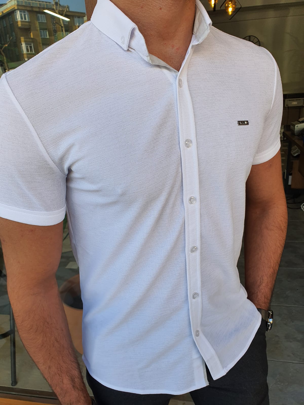 Mens Slim fit Short Sleeve Casual Shirt Smart Cotton Summer White