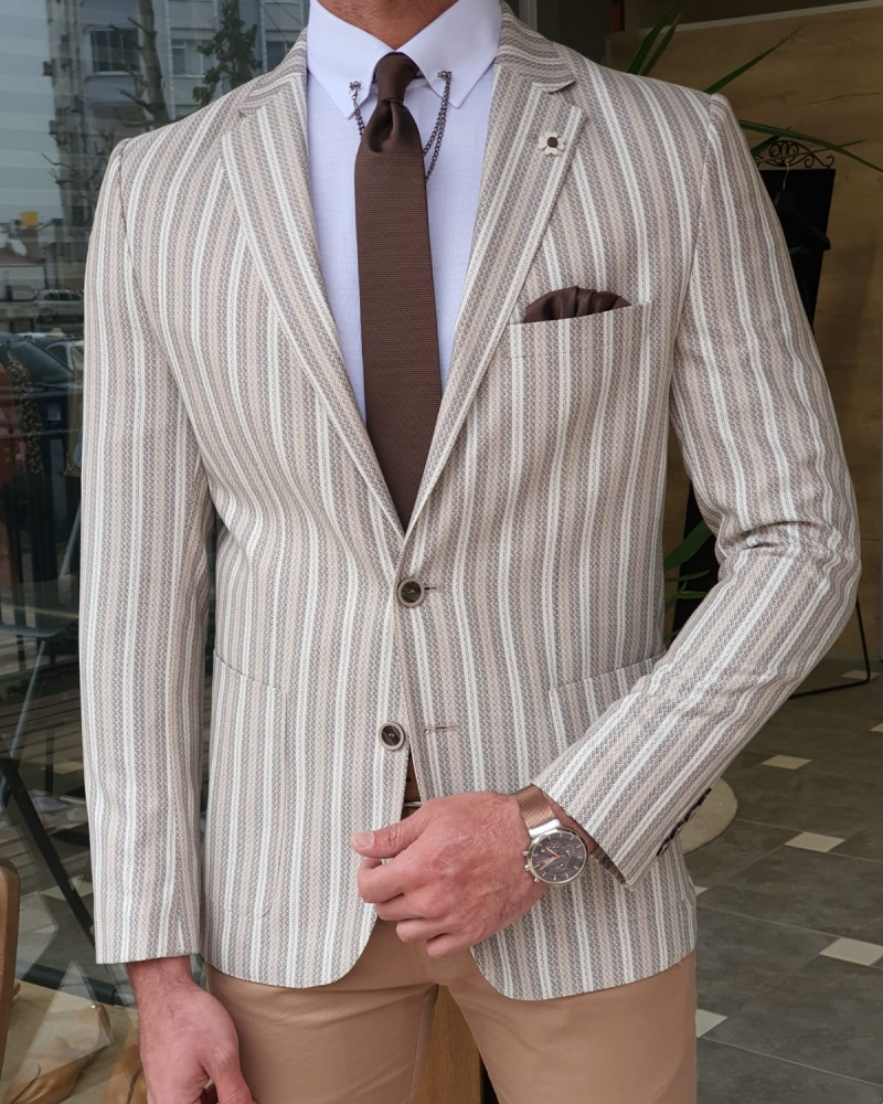 White Slim Fit Striped Blazer by GentWith.com with Free Worldwide Shipping