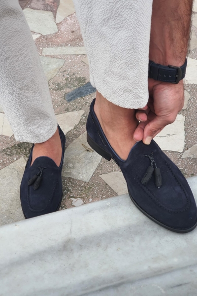 Navy Blue Suede Tassel Loafers by GentWith.com with Free Worldwide Shipping