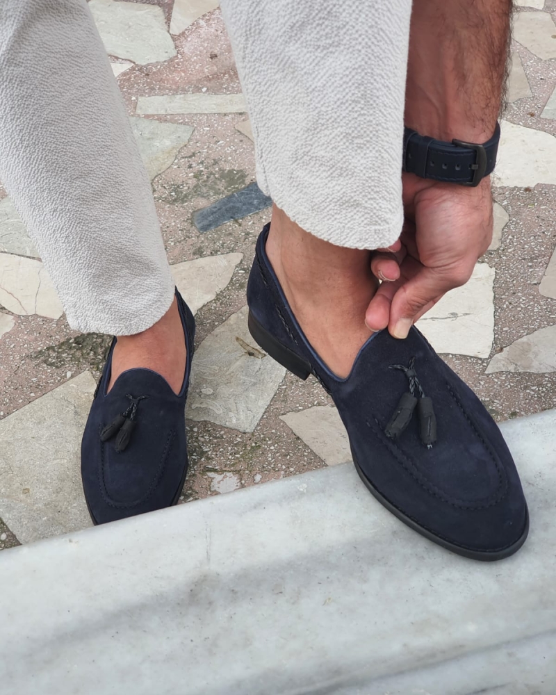 Navy Blue Suede Tassel Loafers by GentWith.com with Free Worldwide Shipping