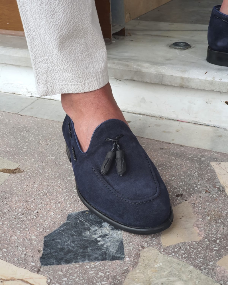 Navy Blue Suede Tassel Loafers by GentWith.com with Free Worldwide Shipping