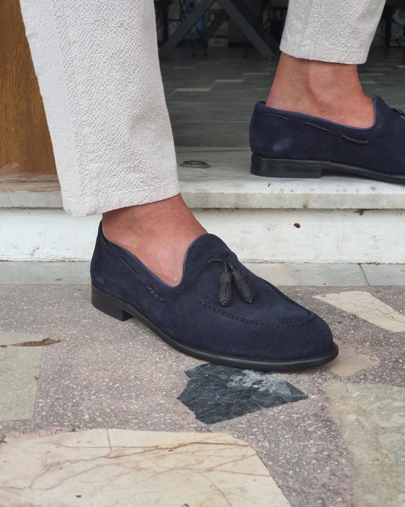 Navy Blue Suede Tassel Loafers by GentWith.com with Free Worldwide Shipping