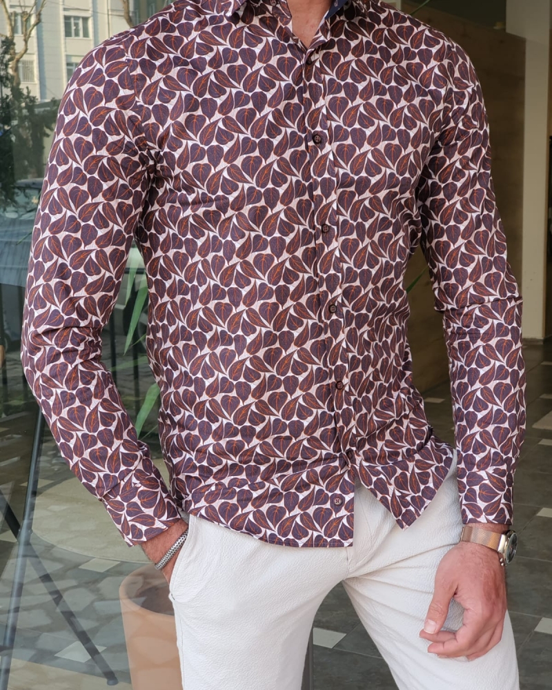 Brown Slim Fit Leaves Pattern Long Sleeve Cotton Shirt by GentWith.com with Free Worldwide Shipping