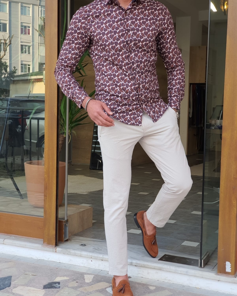 Buy Brown Slim Fit Leaves Pattern Long Sleeve Cotton Shirt by GentWith