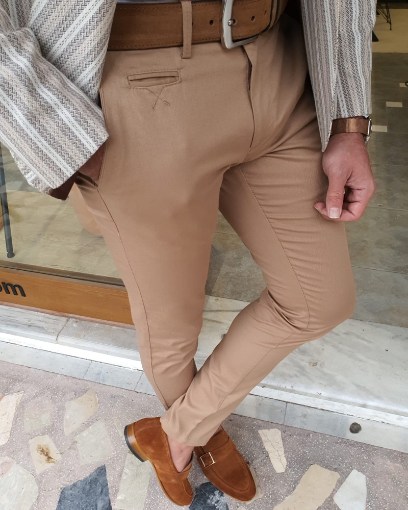 Camel Slim Fit Cotton Pants by GentWith.com with Free Worldwide Shipping