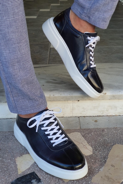 Navy Blue Mid-Top Sneakers by GentWith.com with Free Worldwide Shipping