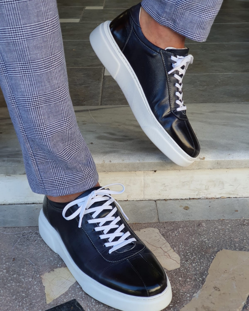 Navy Blue Mid-Top Sneakers by GentWith.com with Free Worldwide Shipping