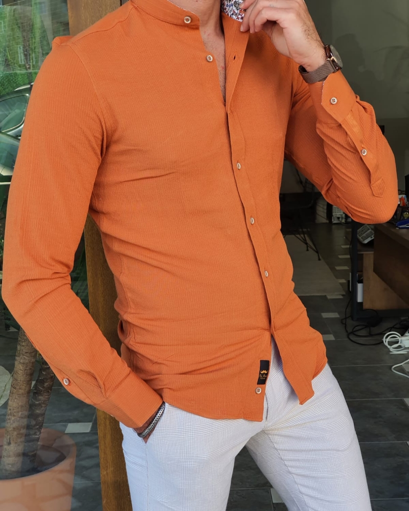 Orange Slim Fit Long Sleeve Cotton Shirt by GentWith.com with Free Worldwide Shipping