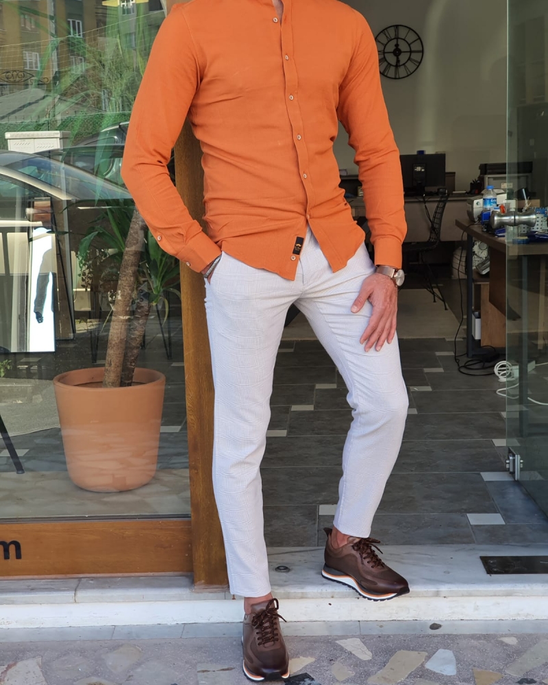 Orange Slim Fit Long Sleeve Cotton Shirt by GentWith.com with Free Worldwide Shipping